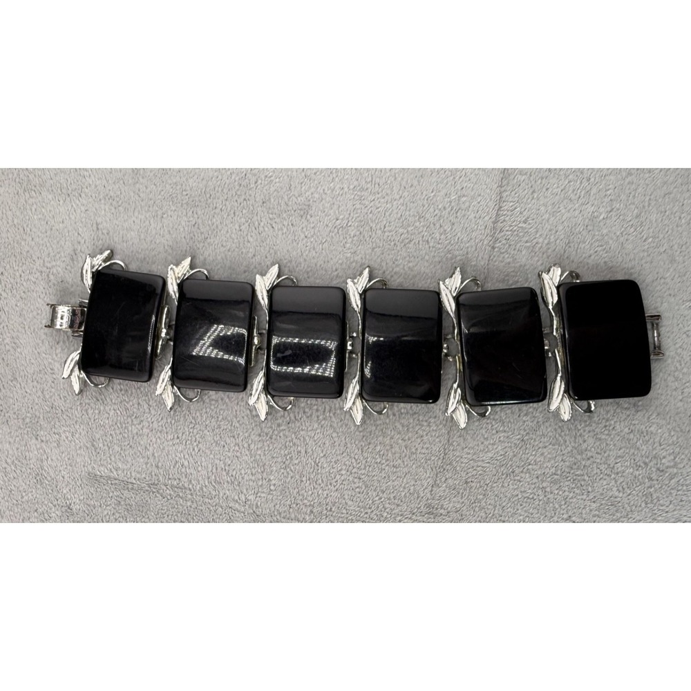 Vintage Thermoset Bracelet Silver Tone Black Wide Chunky MCM 7"